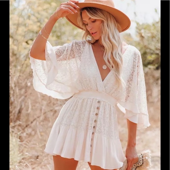 Dentelle Summer White Lace Boho Ruffle Shift Dress Flared Sleeves Beach Mini - Picture 5 of 12